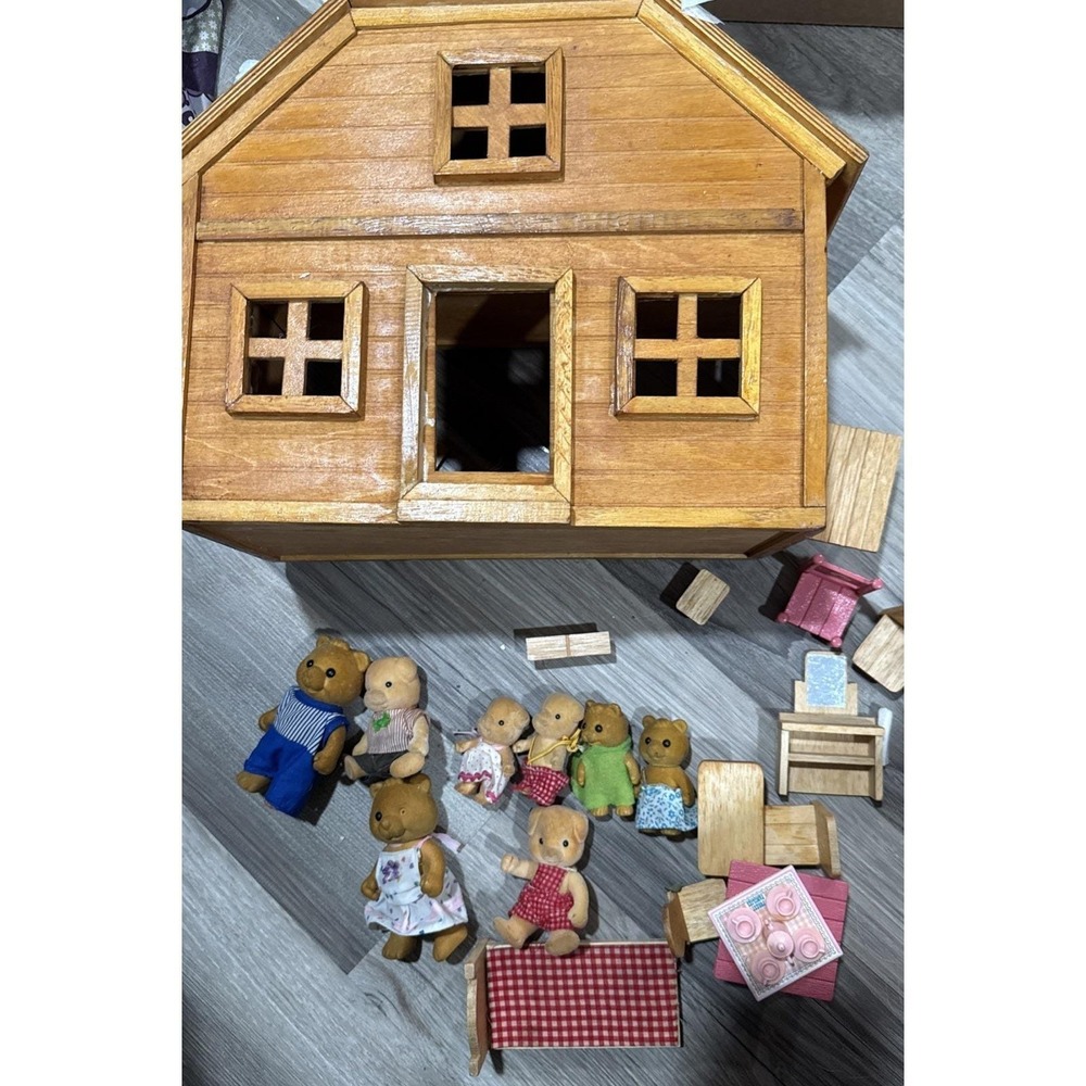 Vintage Wooden Dollhouse Lot with Flocked Bear Pig‎ Figures Furniture Tea Set